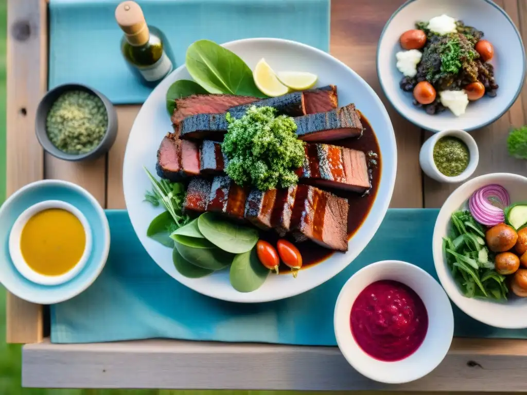 Delicioso asado uruguayo en mesa rústica, con vinos locales y chimichurri, evocando desarrollo comunitario