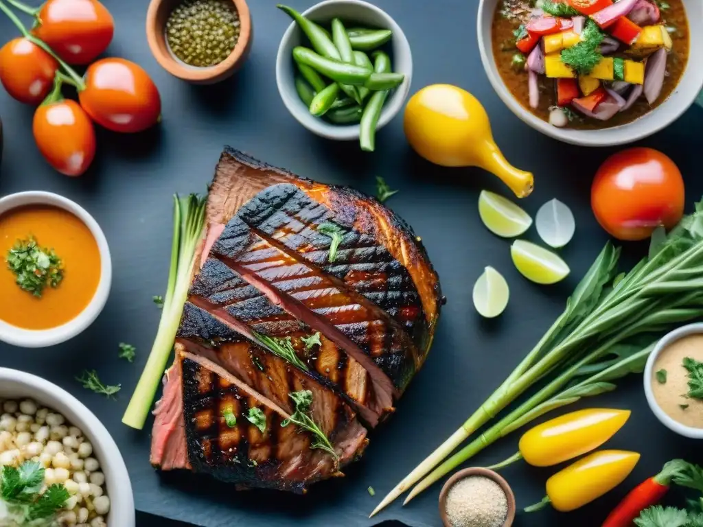 Delicioso asado uruguayo saludable rodeado de coloridas verduras y hierbas, en una parrilla chisporroteante