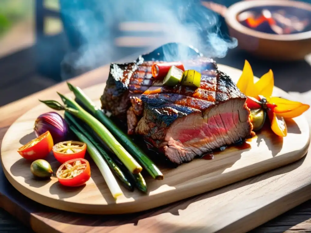 Delicioso asado uruguayo saludable después 60 con carne y vegetales a la parrilla en plato de madera rústico