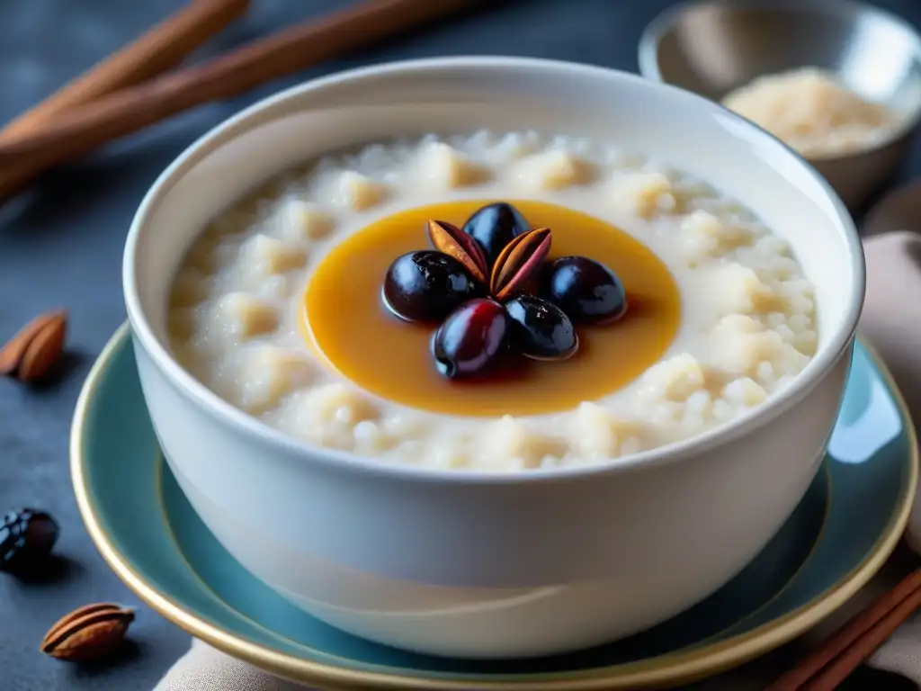 Un delicioso bol de arroz con leche saludable, adornado con canela y pasas, evocando calidez y tradición