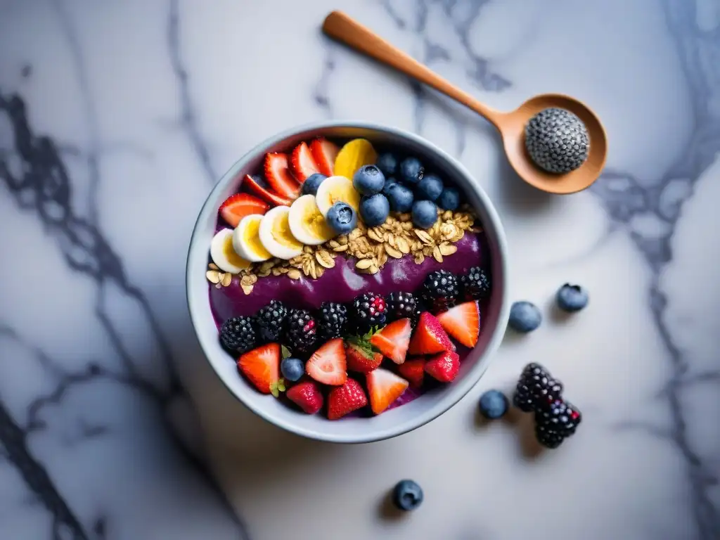 Un delicioso bol de açaí colorido con frutas frescas, granola y semillas de chía en una encimera de mármol blanco