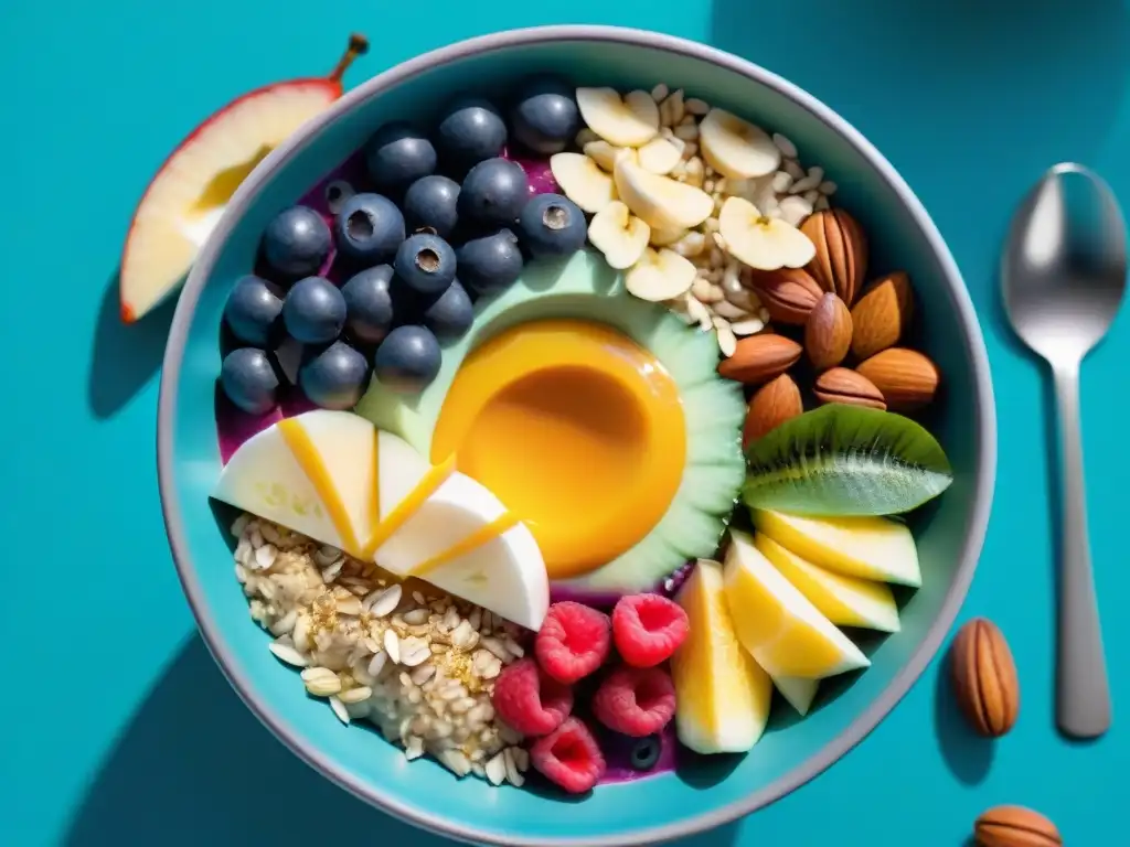 Un delicioso bowl de açaí colorido con frutas frescas, nueces y semillas, sobre fondo turquesa