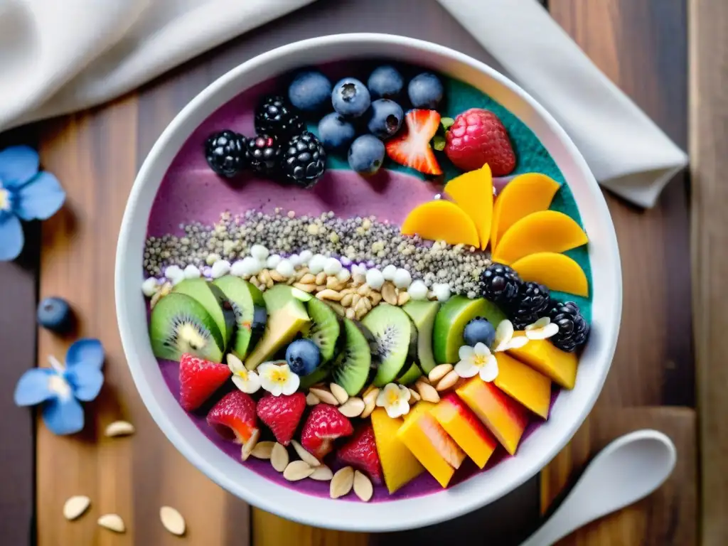 Un delicioso bowl de smoothie arcoíris con frutas y superalimentos, en una mesa de madera rústica con luz natural