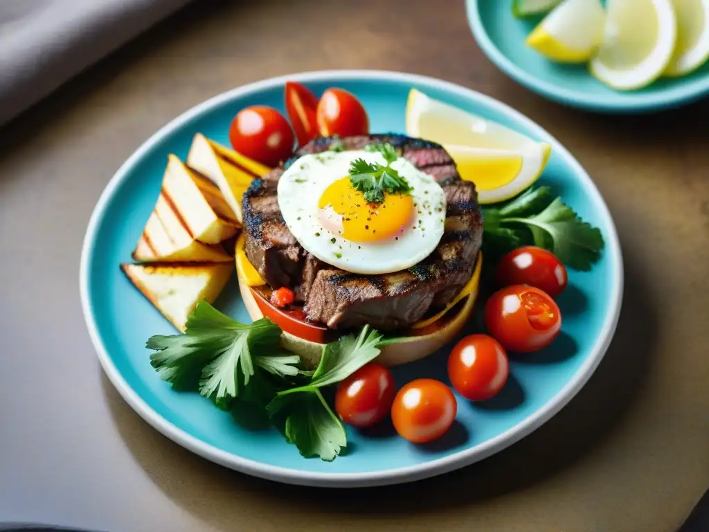 Delicioso chivito saludable de Uruguay con carne magra, vegetales frescos y batatas fritas, presentado de forma elegante