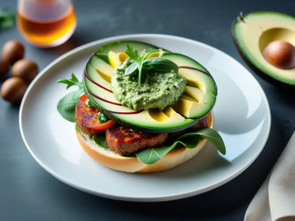 Delicioso choripán gourmet con chorizo a la parrilla, aguacate, rúcula y chimichurri