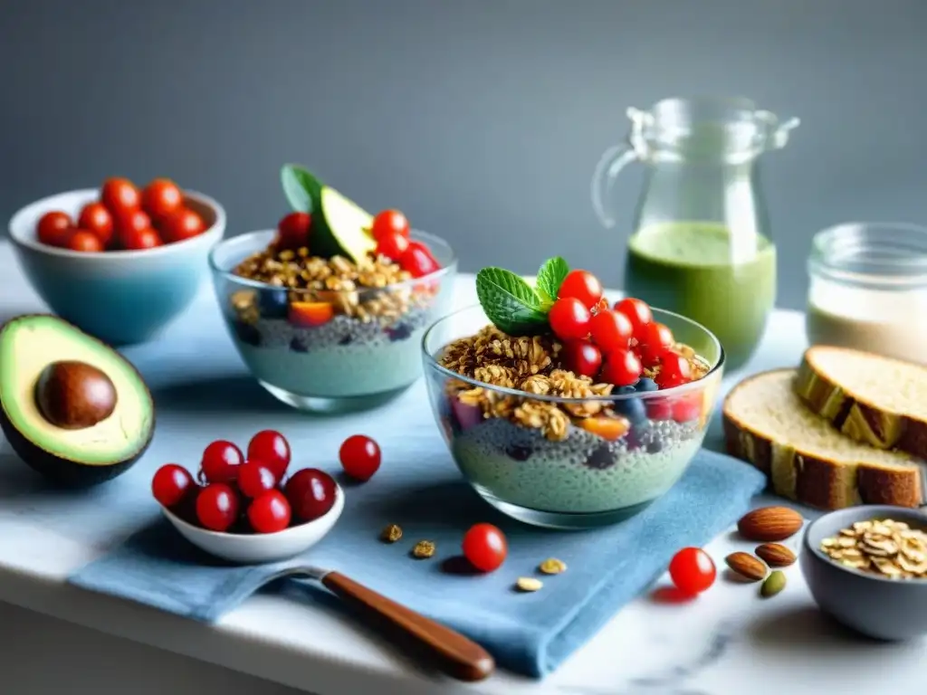 Delicioso desayuno sin lácteos en Uruguay, con chía, aguacate, coco y frutas frescas en una mesa colorida y apetitosa