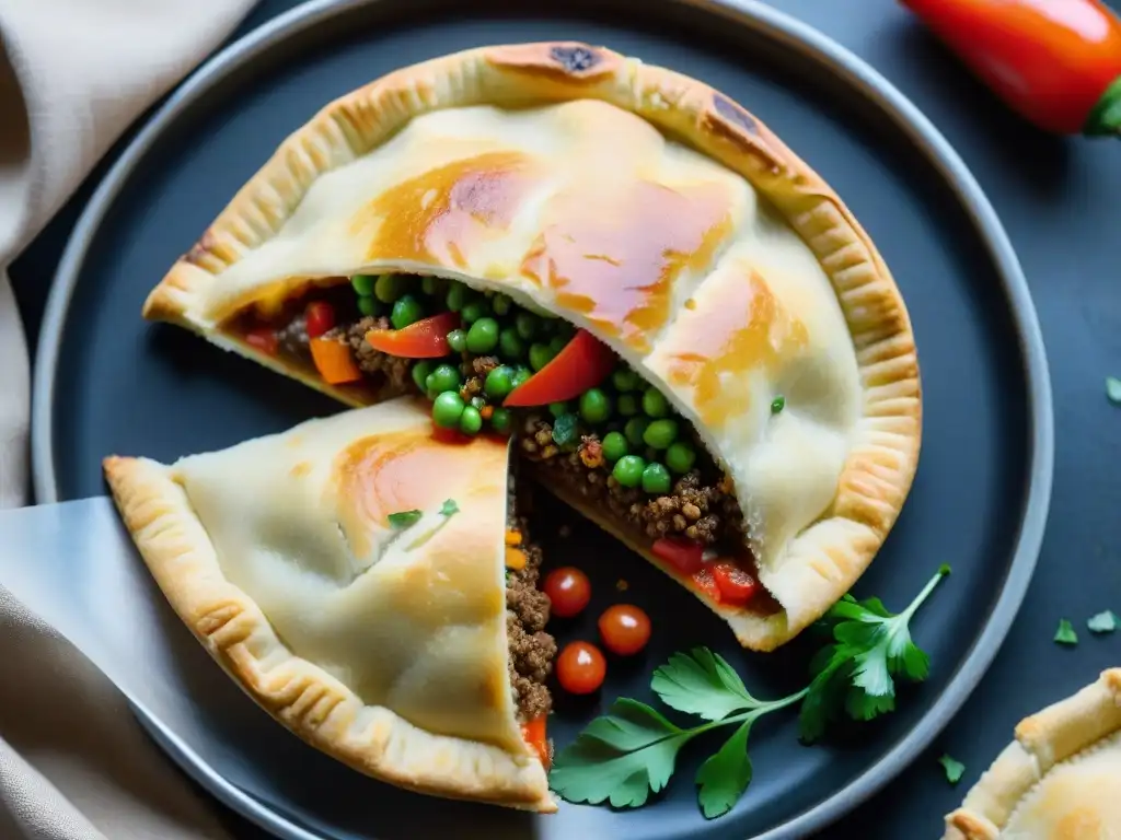 Un delicioso empanada dorada y crujiente con relleno colorido y queso derretido