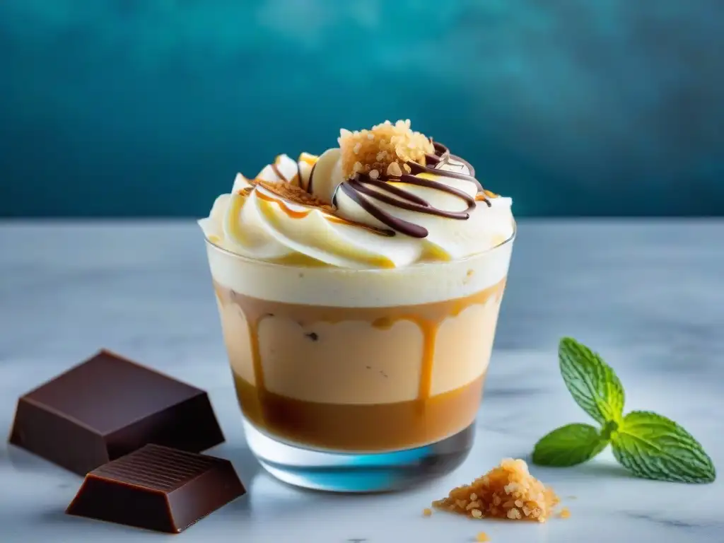 Delicioso helado de dulce de leche saludable con coco tostado, chocolate y menta en copa moderna