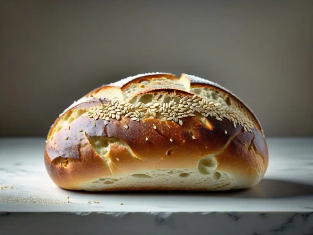 Delicioso pan artesanal con granos de trigo dorados, crocante por fuera y suave por dentro, en un fondo minimalista