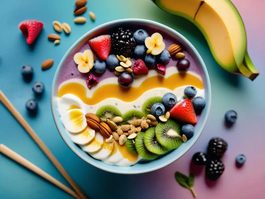 Delicioso smoothie bowl con frutas, nueces y semillas en la playa al amanecer