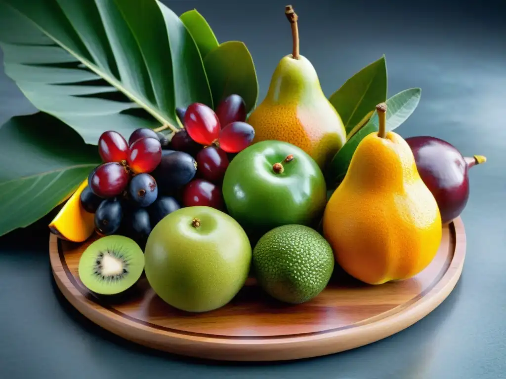 Delicioso surtido de frutas autóctonas de Uruguay en un plato de madera moderno, destacando la frescura y variedad