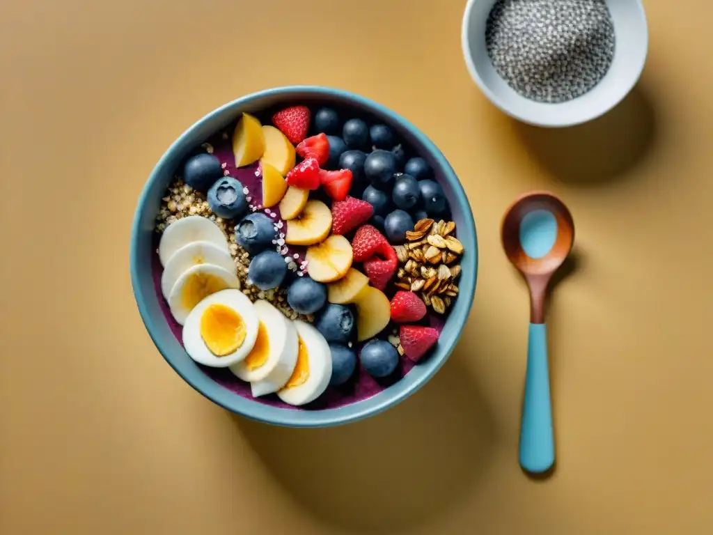 Un delicioso tazón de açaí con bayas frescas y granola, sobre una encimera de mármol