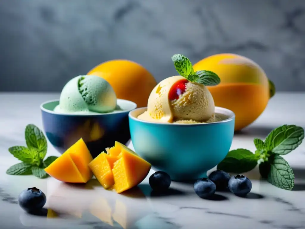 Deliciosos helados caseros saludables en Uruguay con mango, frutilla y arándanos en elegantes copas de vidrio sobre una encimera de mármol