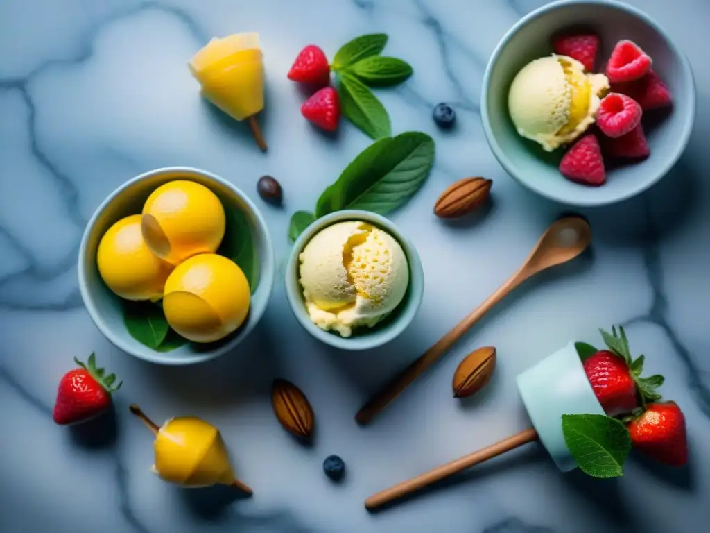 Deliciosos helados saludables caseros en Uruguay con frutas y nueces en mármol elegante