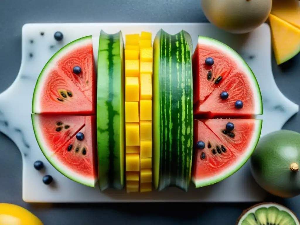 Deliciosos trozos de frutas tropicales sobre tabla de mármol, mostrando frescura y sabor