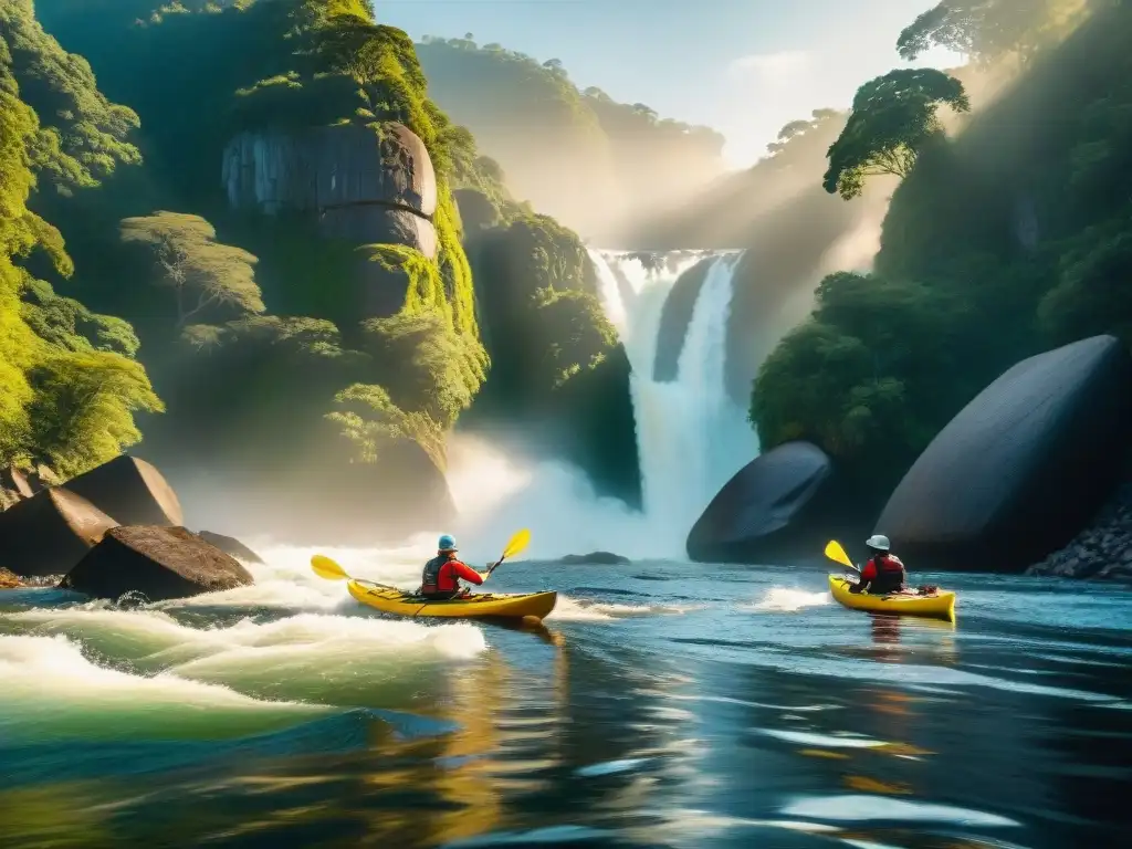 Deportes de aventura en Uruguay: grupo de kayakistas desafiando rápidos en el Río Negro, rodeados de naturaleza impresionante