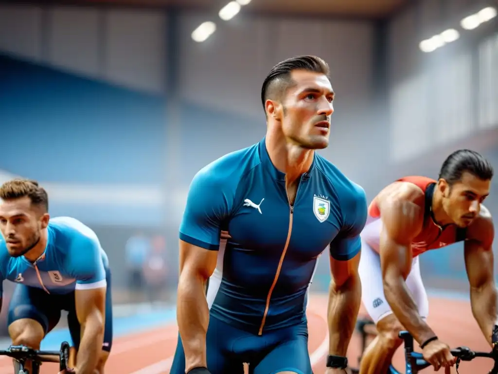 Deportistas uruguayos de élite entrenando intensamente en instalaciones deportivas de vanguardia, destacando los beneficios de la glutamina