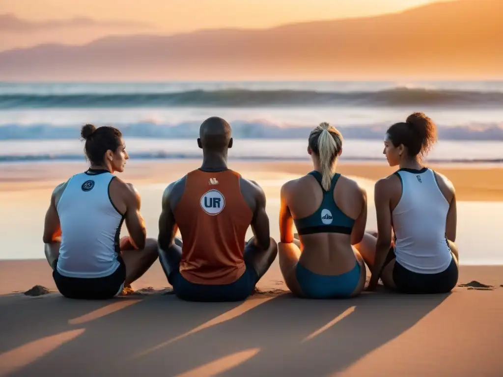 Deportistas uruguayos practican mindfulness en la playa al atardecer, unidos en paz y enfoque