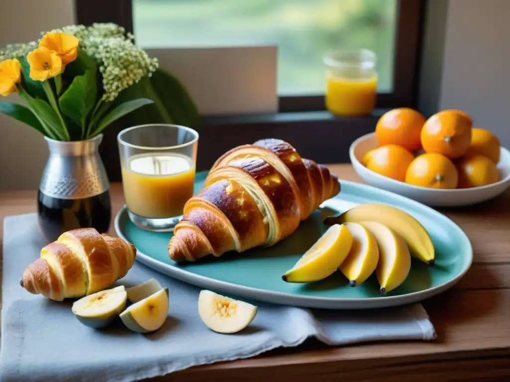 Un desayuno energético en Uruguay: medialunas, dulce de leche, yerba mate, avena con plátano, jugo de naranja y flores nativas