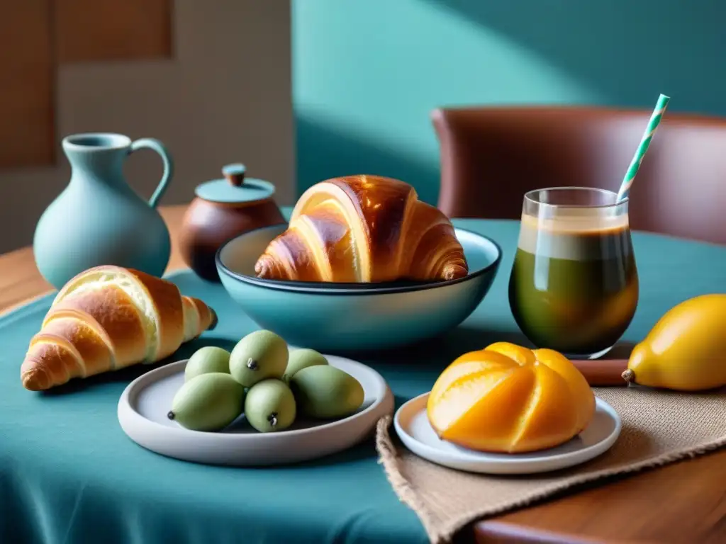 Un desayuno energético en Uruguay: medialunas, dulce de leche, yerba mate y frutas frescas en una mesa contemporánea y elegante