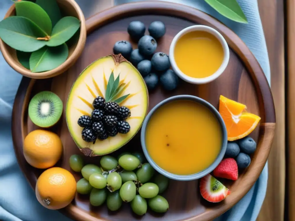 Desayuno energético en Uruguay con mate, medialunas, queso fresco, frutas y jugo de naranja fresco en una mesa de madera moderna