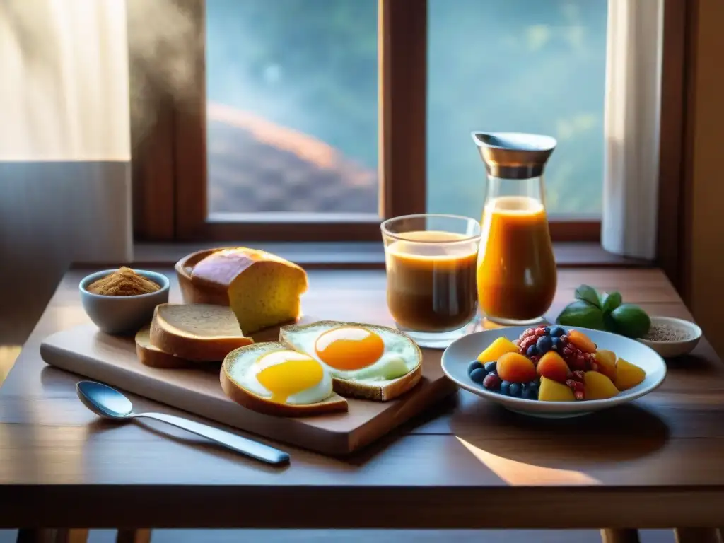 Un desayuno energético en Uruguay: mate, medialunas, dulce de leche, frutas frescas y café, con luz matutina cálida