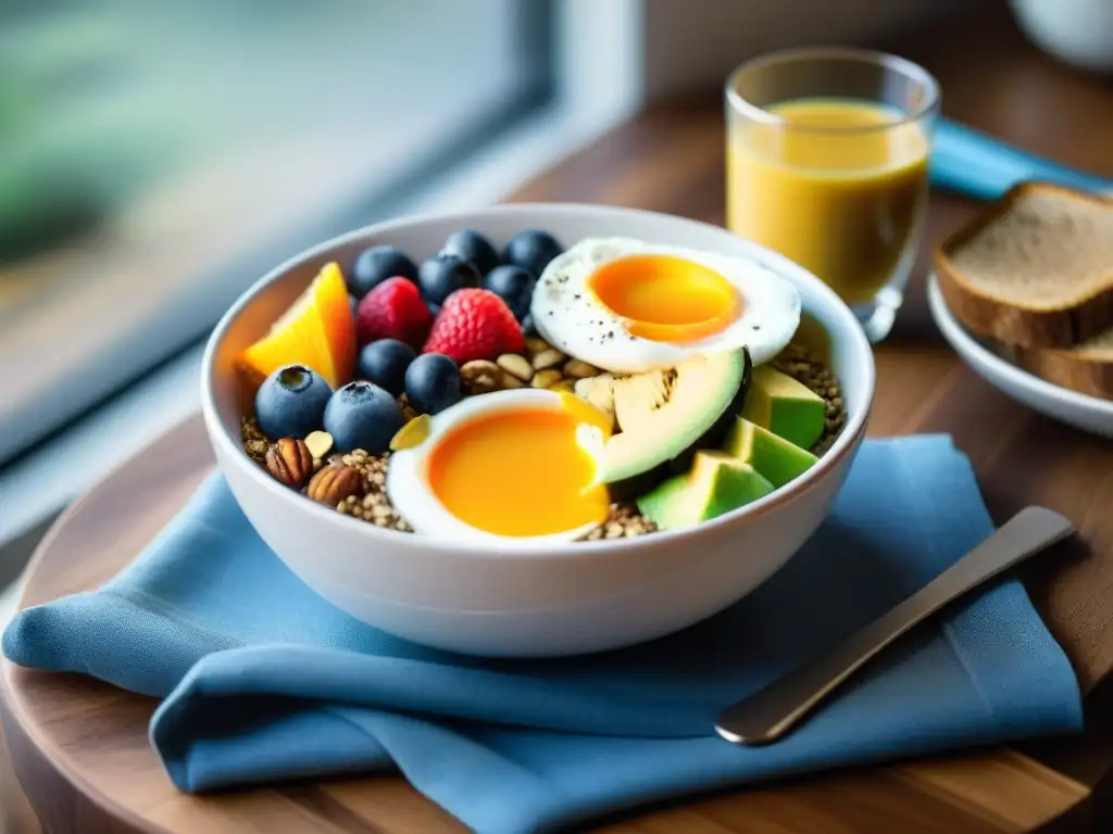 Un desayuno energético en Uruguay: vibrantes smoothie bowls, tostadas con aguacate y huevos pochados, jugos frescos y café artesanal