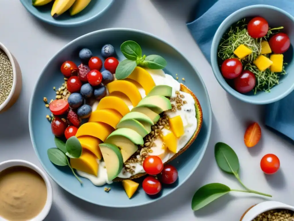 Un desayuno sin lácteos vibrante y saludable en Uruguay con yogurt de coco, chía, aguacate y frutas frescas