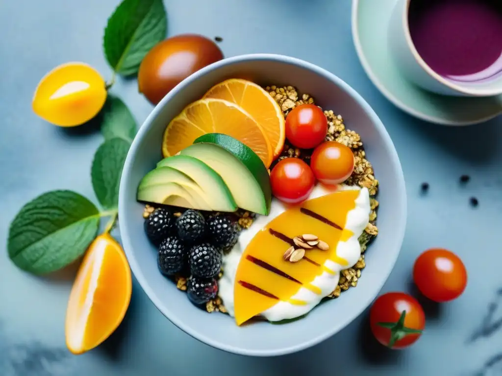 Un desayuno saludable para mejorar bienestar: Açai bowl, turmeric latte, aguacate, yogurt y jugo de naranja en un elegante ambiente luminoso