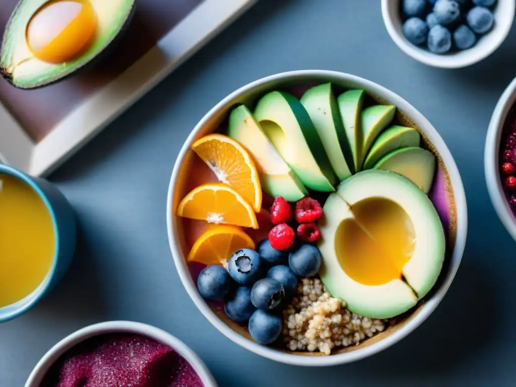 Un desayuno saludable para mejorar bienestar: mesa con acai bowl, tostada de aguacate, chía pudding, frutas y jugo de naranja fresco