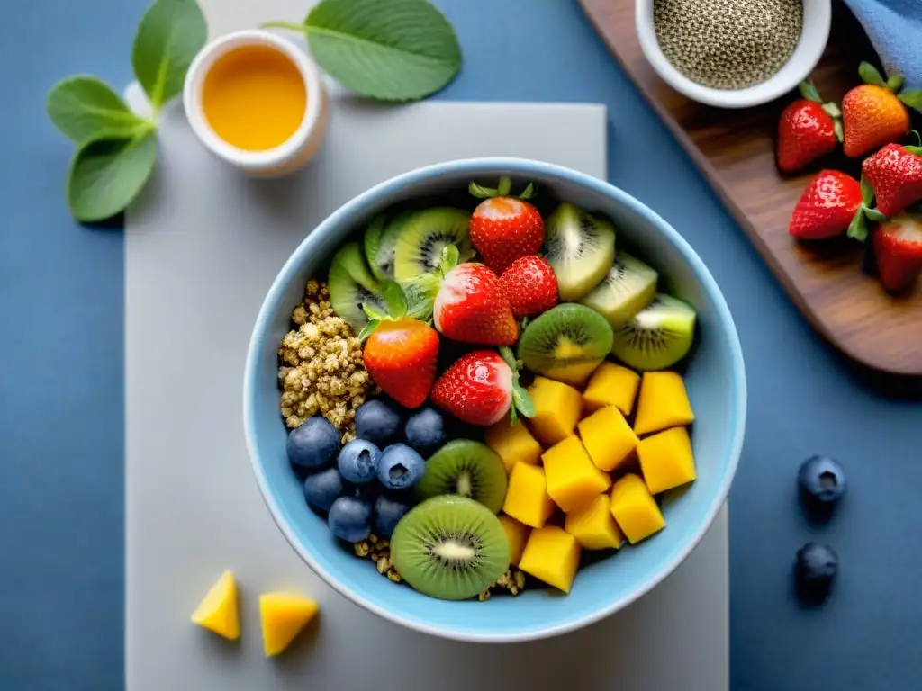 Un desayuno saludable para mejorar bienestar: un tazón vibrante con frutas frescas y una taza de té herbal humeante