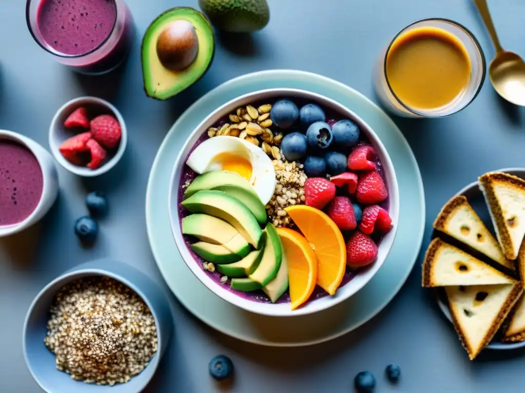 Un desayuno saludable para mejorar bienestar: acai bowls, tostadas de aguacate, chia pudding y smoothies coloridos en mesa moderna y luminosa