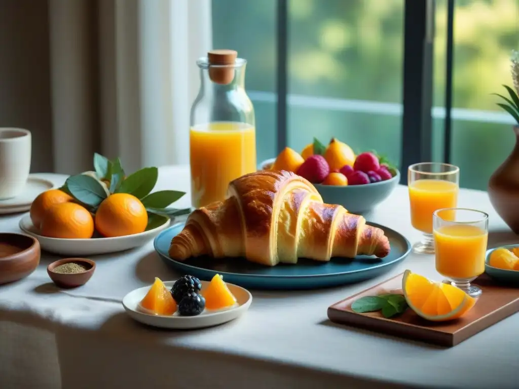 Desayuno saludable en Uruguay: Mesa elegante con medialunas, dulce de leche, mate, frutas y jugo de naranja