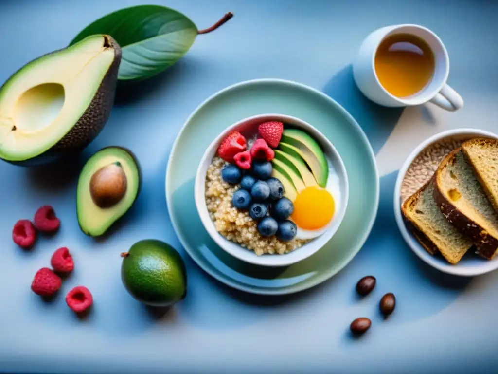 Desayuno saludable en Uruguay con quinoa, mate y frutas frescas en mesa iluminada al amanecer