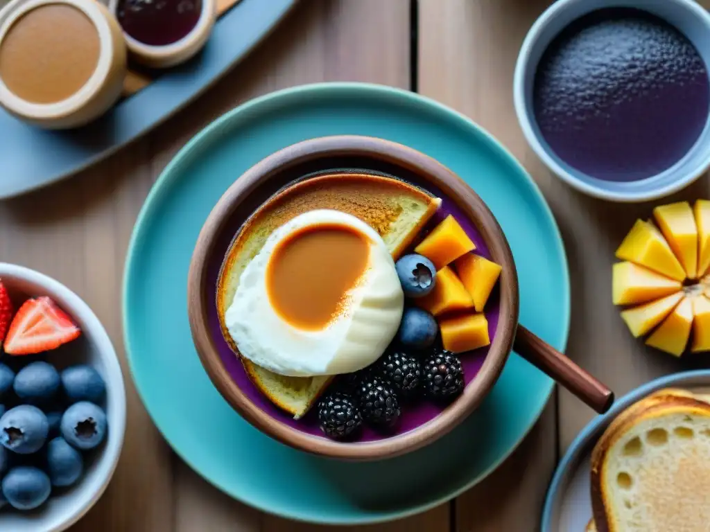 Un desayuno saludable en Uruguay con mate, medialunas, dulce de leche, acai y café