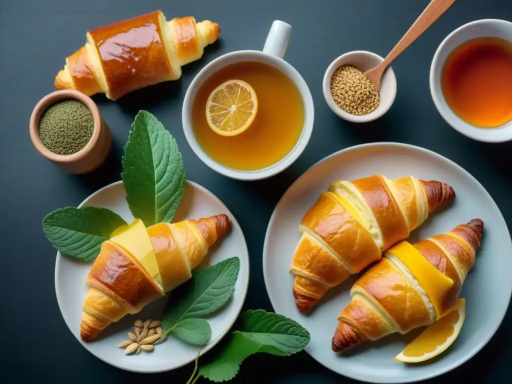 Un desayuno saludable en Uruguay con medialunas, dulce de leche, mate y frutas frescas sobre una mesa de madera moderna