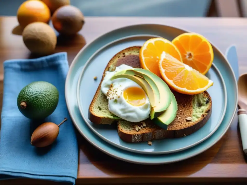 Un desayuno saludable y tradicional uruguayo con mate, tostadas de aguacate, frutas frescas, yogur y frutos secos