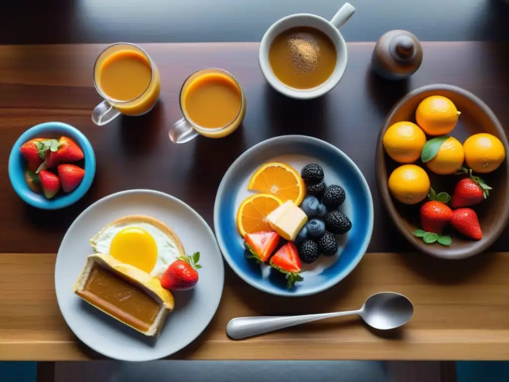 Un desayuno tradicional uruguayo con medialunas, dulce de leche, yerba mate y frutas frescas, en una mesa de madera moderna