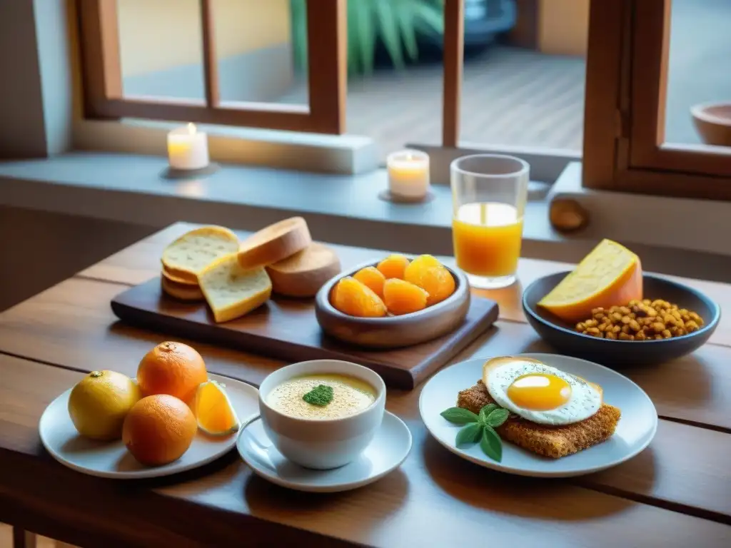 Un desayuno uruguayo tradicional en una mesa rústica con medialunas, bizcochos, queso fresco, jugo de naranja y mate