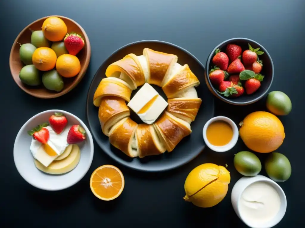 Desayuno uruguayo vibrante y moderno con mate, medialunas, dulce de leche, frutas frescas y queso en mesa de madera y fondo negro