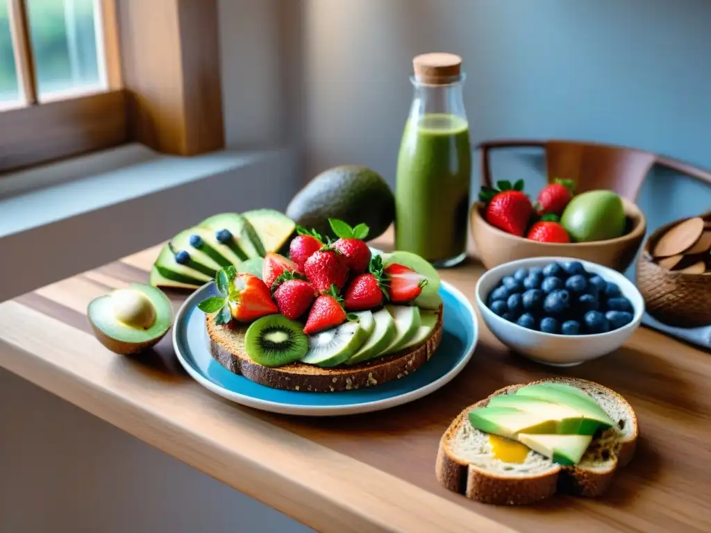 Un desayuno vibrante y moderno en Uruguay con frutas frescas, tostadas integrales, aguacate y frutos secos en una mesa de madera