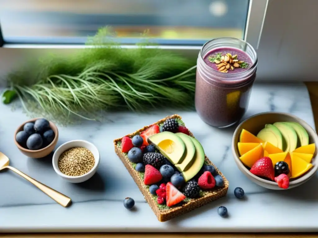 Desayuno vibrante con snacks saludables para bienestar integral en elegante encimera de mármol