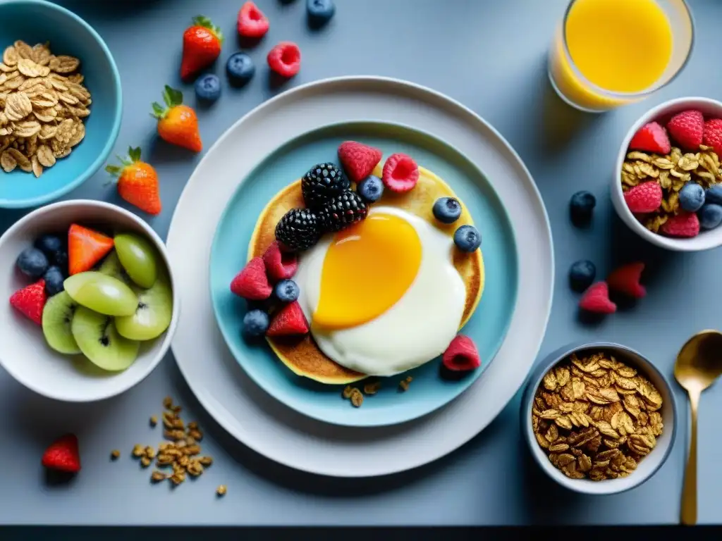 Desayunos saludables para mejorar bienestar: Despliegue vibrante de opciones sin alérgenos en una mesa moderna y elegante