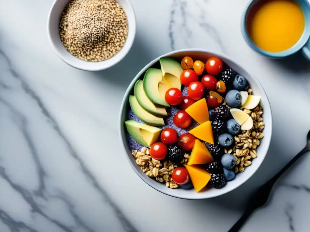 Desayunos saludables para mejorar bienestar: Acai bowl, jugo de naranja, tostadas con aguacate, tomate y chía en elegante cocina iluminada