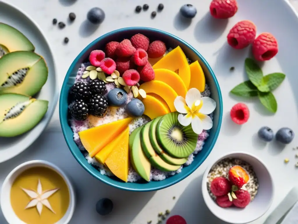 Desayunos saludables para mejorar bienestar: una mesa vibrante con acai bowls, chía pudding, tostadas de aguacate y frutas frescas