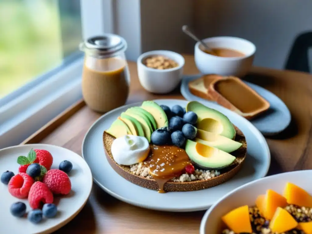 Desayunos saludables en Uruguay: mesa rústica con chia pudding, mate, dulce de leche y más, iluminados por la luz del sol