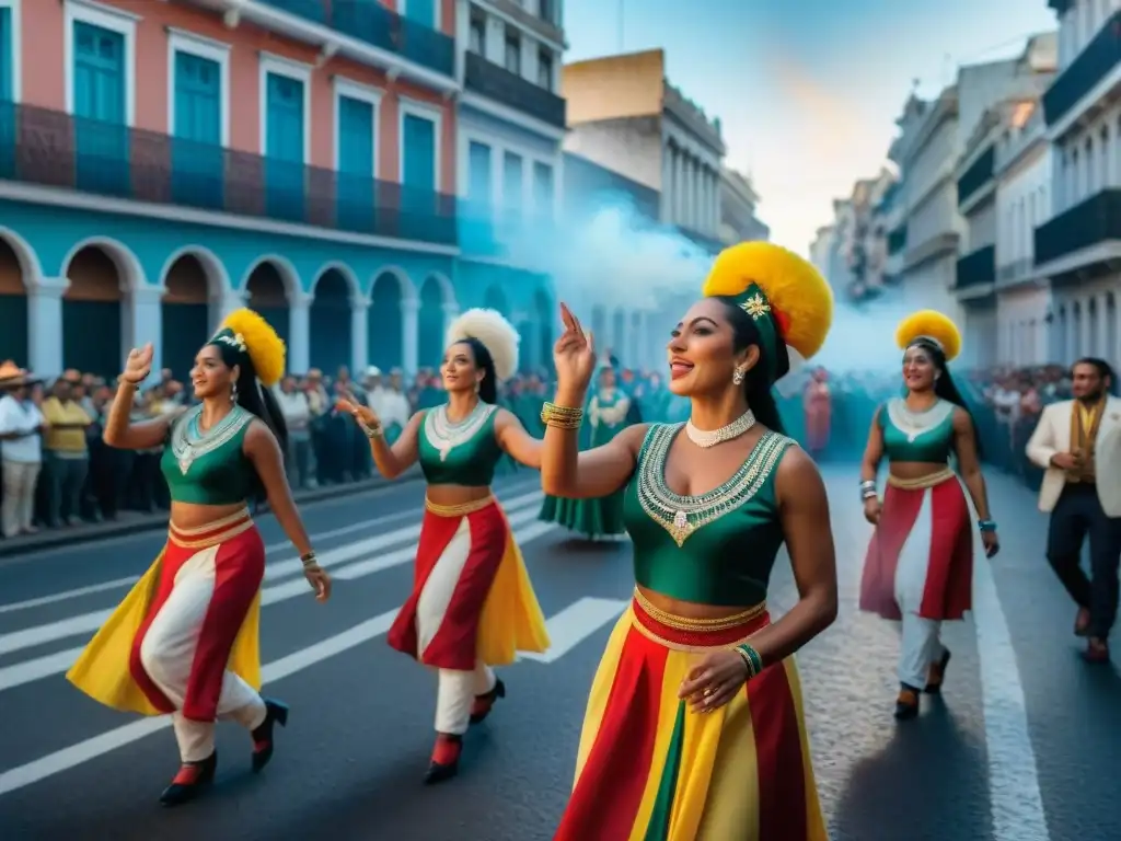 Desfile callejero en Montevideo, Uruguay, mostrando diversidad cultural y la unión de la comunidad al ritmo del candombe