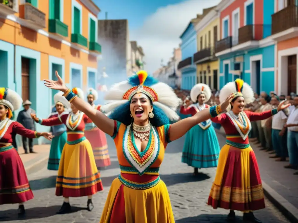 Un desfile colorido de murgas en Uruguay, con trajes elaborados y energía contagiosa, reflejando la transformación social