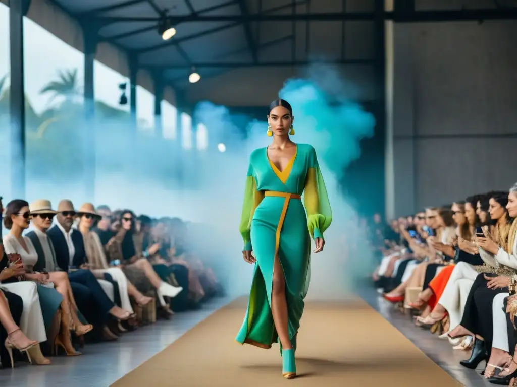 Desfile de moda sostenible en Uruguay: modelos con prendas eco-friendly, comunidad comprometida en evento colorido y chic