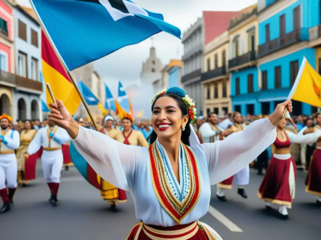 Desfile vibrante en Uruguay con trajes tradicionales coloridos y danzas folclóricas